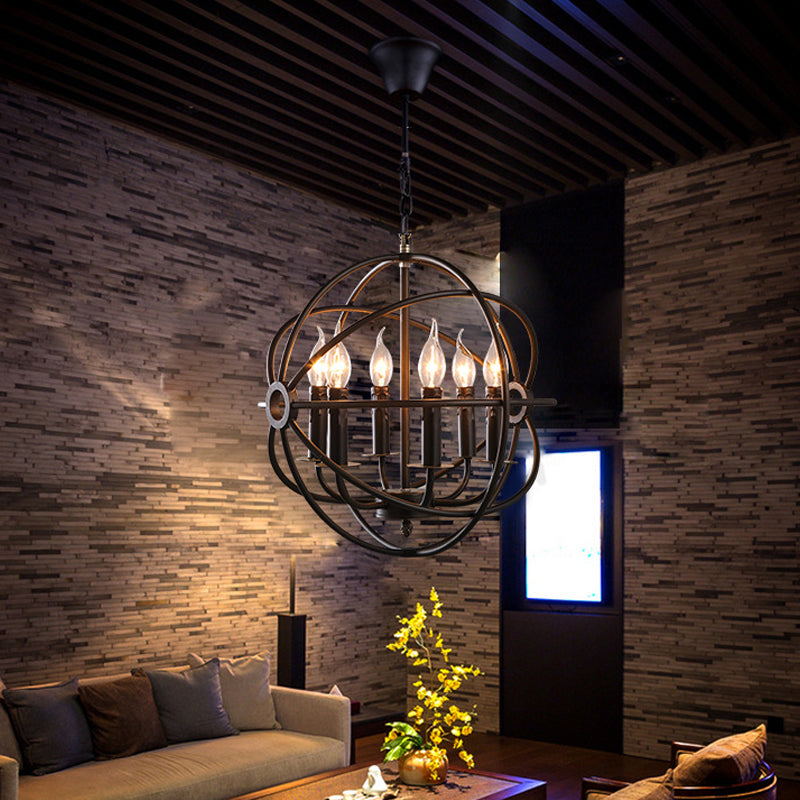 6-Bulb Spherical Hanging Light: Black Iron Chandelier Pendant For Restaurants