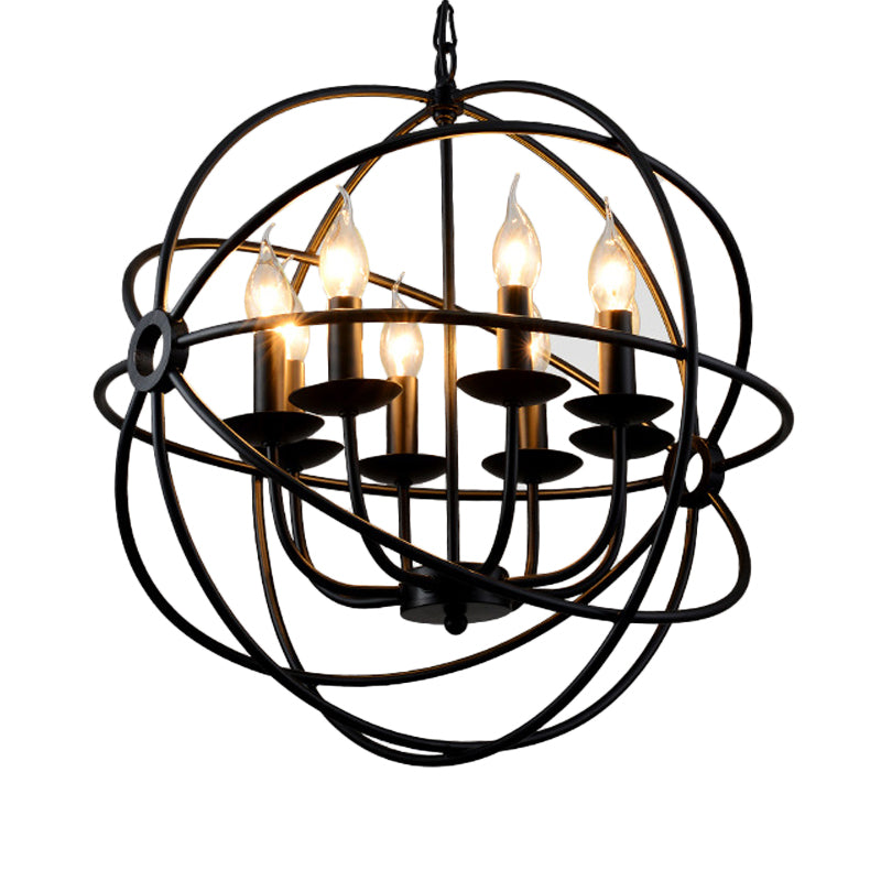 6-Bulb Spherical Hanging Light: Black Iron Chandelier Pendant For Restaurants