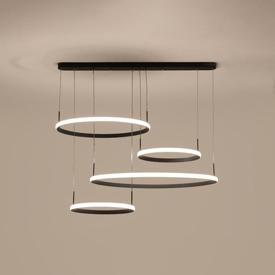 Minimalist 4-Head Led Chandelier Pendant Lamp With Outer Glow Black/Coffee Circle Acrylic Shade