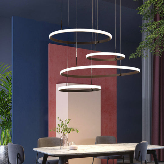 Minimalist 4-Head Led Chandelier Pendant Lamp With Outer Glow Black/Coffee Circle Acrylic Shade