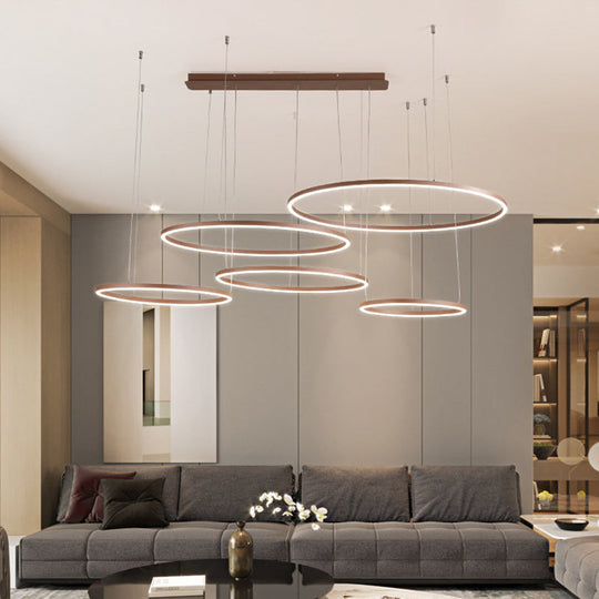 Brown Led Acrylic Chandelier - 3/4/5-Tier Minimalist Circular Pendant Light For Restaurants