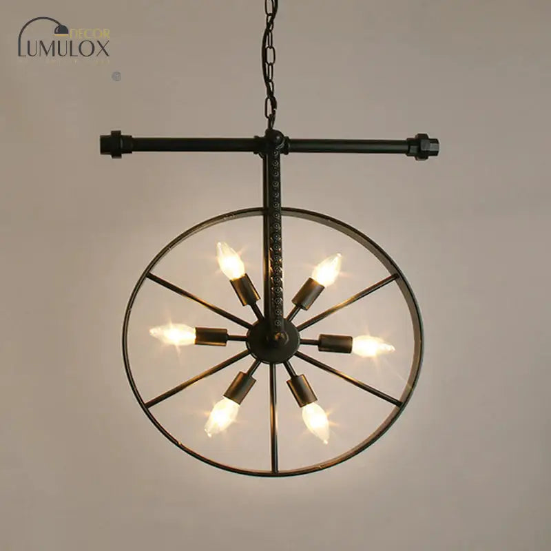 Metallic Wheel Chandelier Lamp Art Deco 6 Lights White/Black/Rust Pendant Ceiling Light For
