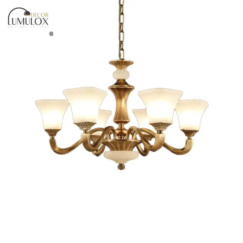 White Glass Pagoda Up Chandelier Traditional 3/6-Head Bedroom Hanging Pendant Light In Brass