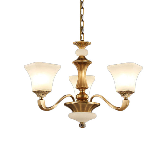 Classic Brass 3/6-Head Bedroom Pendant Light With White Glass Pagoda Design