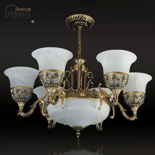 Flared Shade Alabaster Glass Chandelier Traditional 9 Heads Dining Room Suspension Light In Bronze