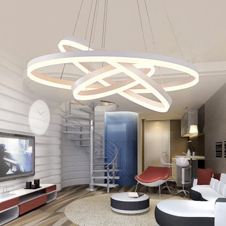 Minimalistic Acrylic Led Chandelier In White - Small/Large 3-Ring Restaurant Drop Lamp