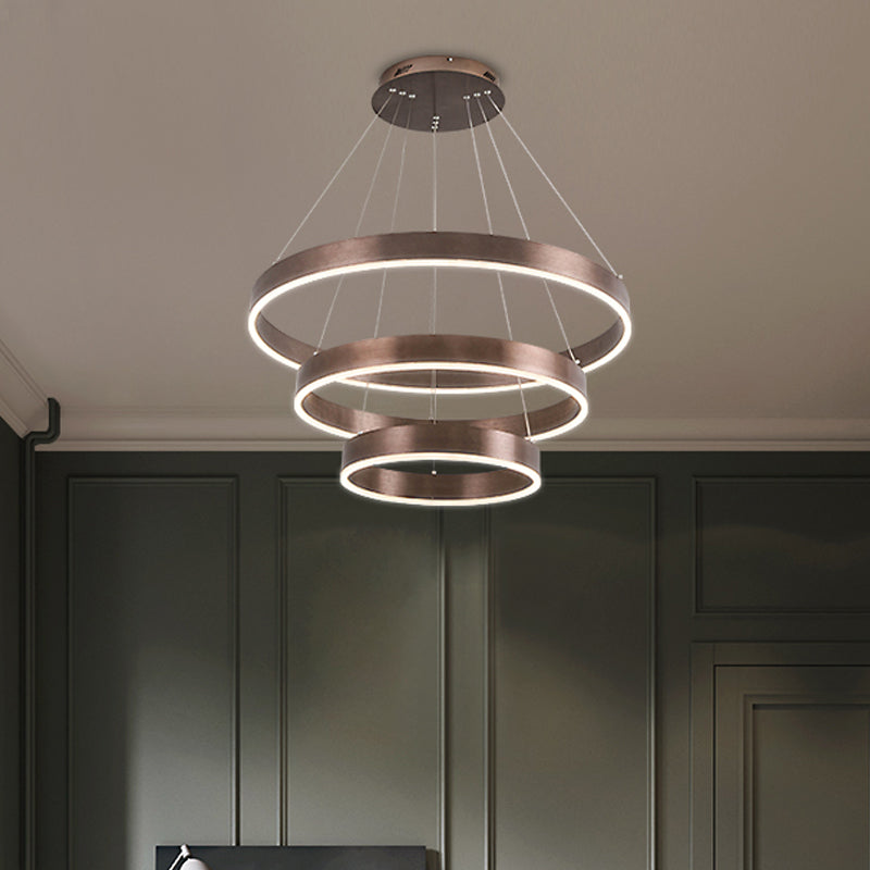 Minimalist Metal Led Chandelier: Circular Living Room Pendant Light (3 Heads) In Coffee/Gold Coffee