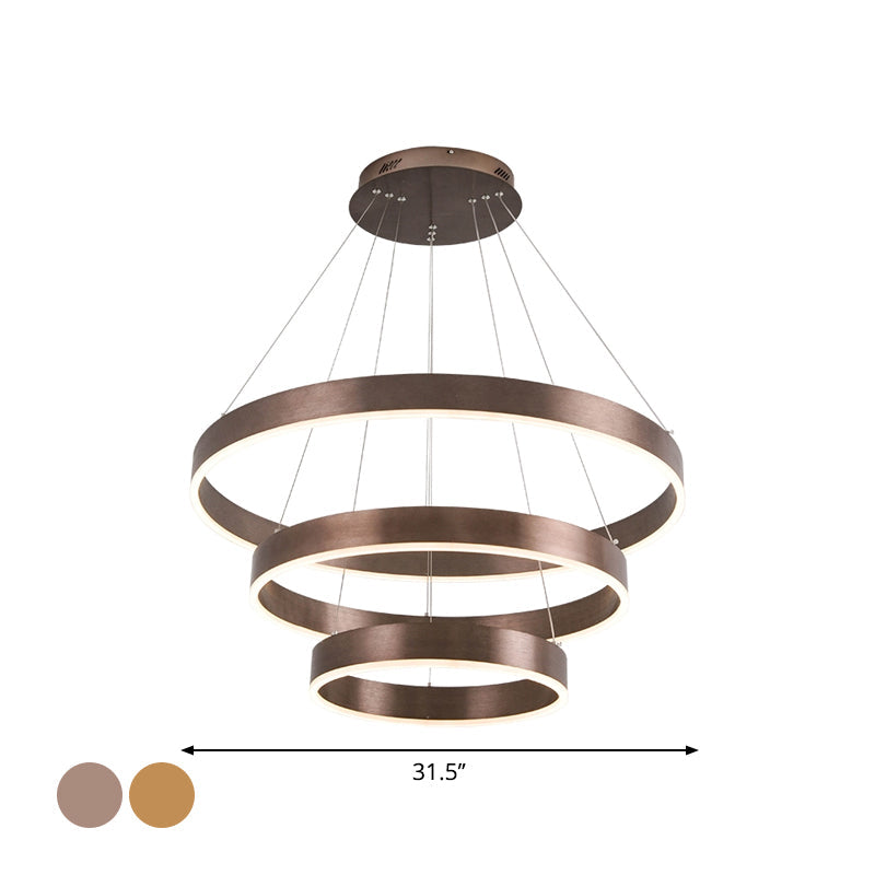 Minimalist Metal Led Chandelier | Circular Living Room Pendant Light 3 Heads Coffee/Gold