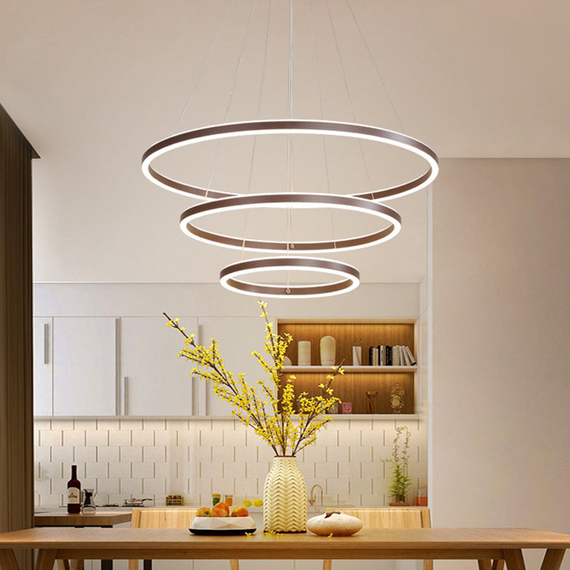 Brown 4 Tier Minimalistic Acrylic Led Ring Chandelier For Dining Room