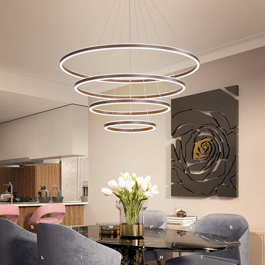 Minimalist Brown Ring Chandelier With Acrylic Led For Dining Room - 2/3/4 Tiers / 4