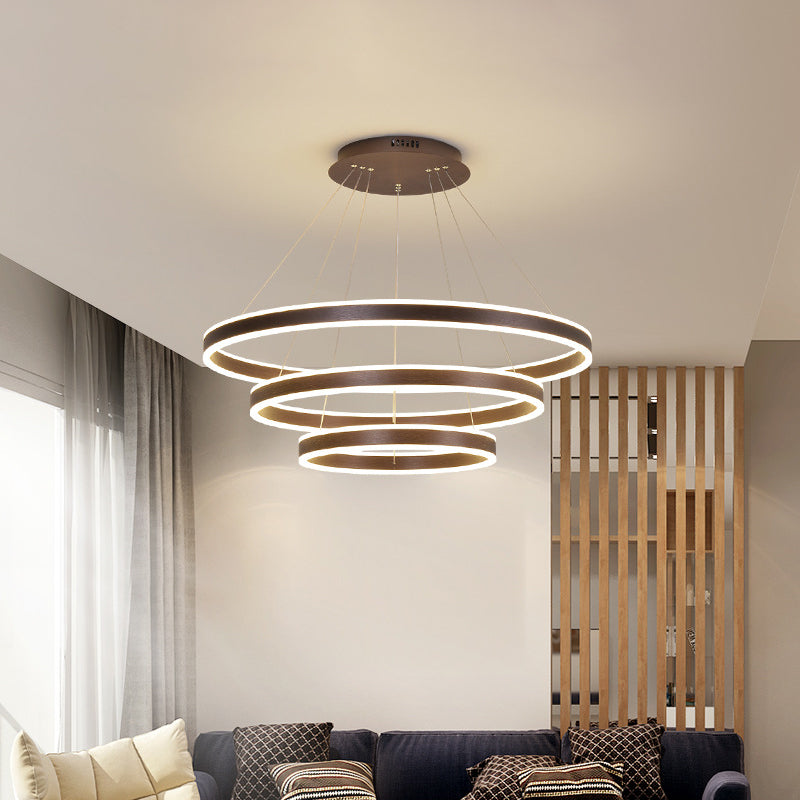 Simplicity 2/3-Tier Coffee Metal Circle Chandelier Lamp With Led For Hanging Pendant In Sit Room
