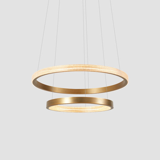 Postmodern Aluminum Led Chandelier With Gold Finish - 2/3 Tiered Hoop Pendant Light