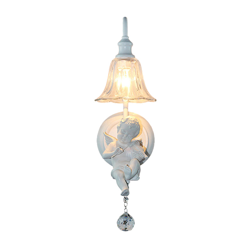 Angel Cream Wall Light Decorative 1-Head Resin Lamp - Flower Glass Shade & Crystal Orb