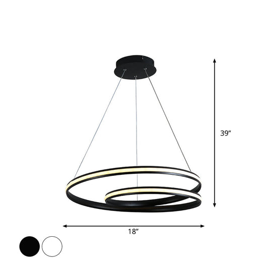 Sleek Spiral Line Chandelier: Black/White 18’/23.5’ Wide Led Pendant Lamp In Warm/White Light