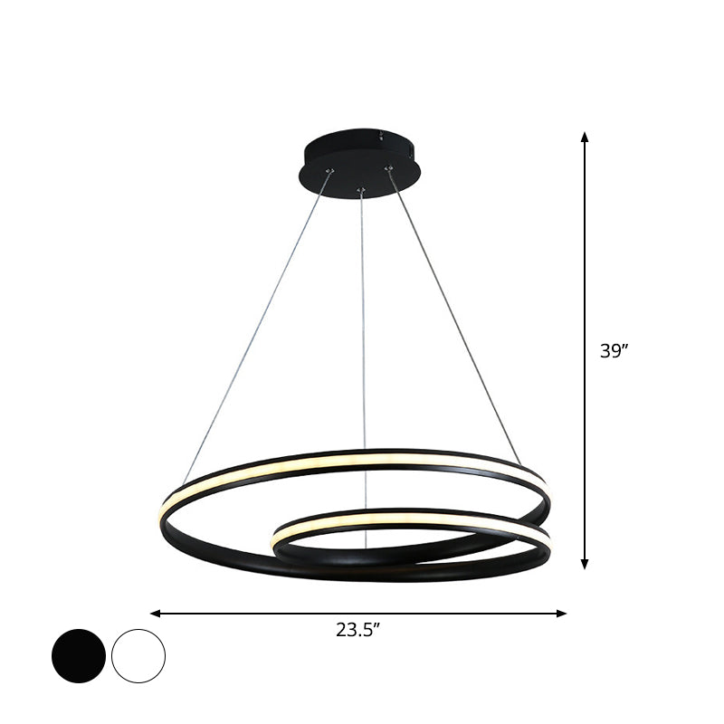 Sleek Spiral Line Chandelier: Black/White 18’/23.5’ Wide Led Pendant Lamp In Warm/White Light