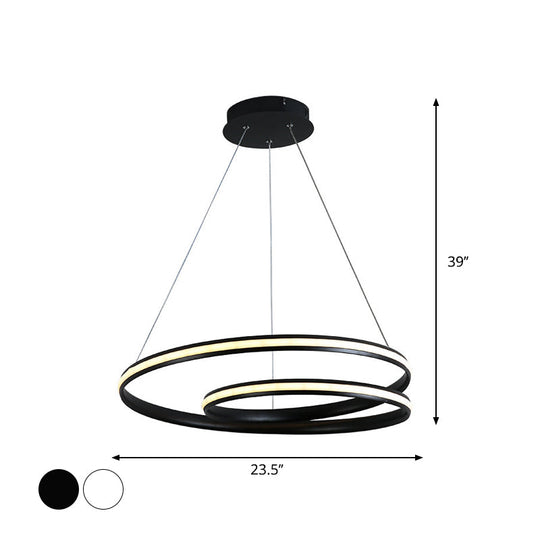 Sleek Spiral Line Chandelier: Black/White 18’/23.5’ Wide Led Pendant Lamp In Warm/White Light