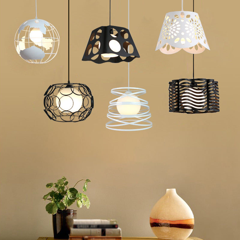 Modern Hanging Pendant Light With Opal Glass Shade - Black/White Finish