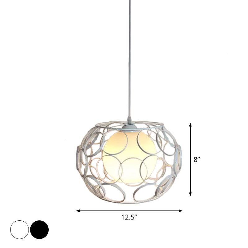 Modern Hanging Pendant Light With Opal Glass Shade - Black/White Finish