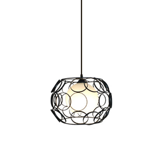 Modern Hanging Pendant Light With Opal Glass Shade - Black/White Finish