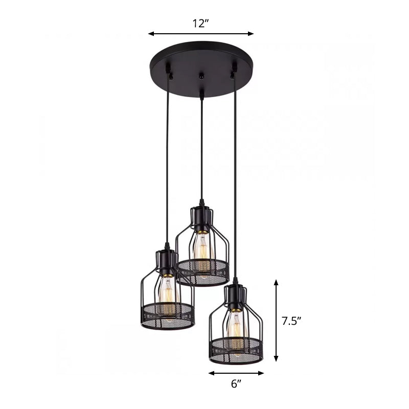 Rustic Black Iron 3-Light Bottle Frame Multi-Pendant Ceiling Hang Light For Dining Room
