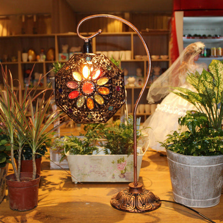 Bronze Stained Glass Octagon Night Lamp - Gooseneck Single-Bulb Table Light