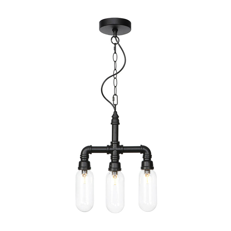 Industrial Glass Pipe Chandelier With Amber/Clear Accents - 3-Head Led Ceiling Fixture For Dining