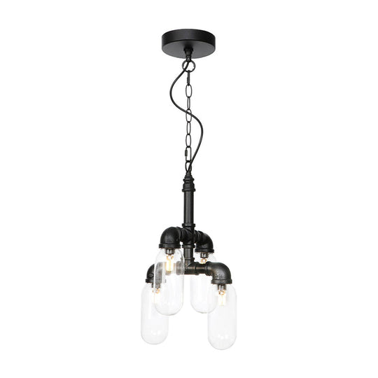 Vintage Water Pipe Chandelier Pendant Lighting - Led Hanging Lamp Kit With 4 Amber/Clear Glass