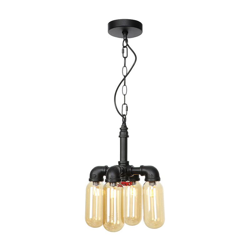 Vintage Water Pipe Chandelier Pendant Lighting - Led Hanging Lamp Kit With 4 Amber/Clear Glass
