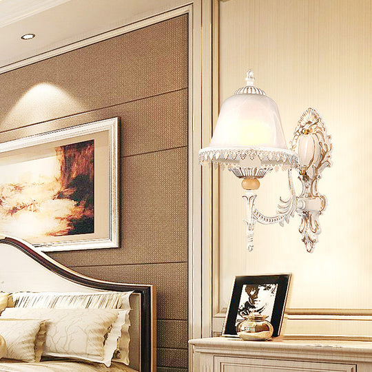 Vintage Beige Cloche Wall Light Fixture With Frosted White Glass - Single-Bulb Bedroom Lighting