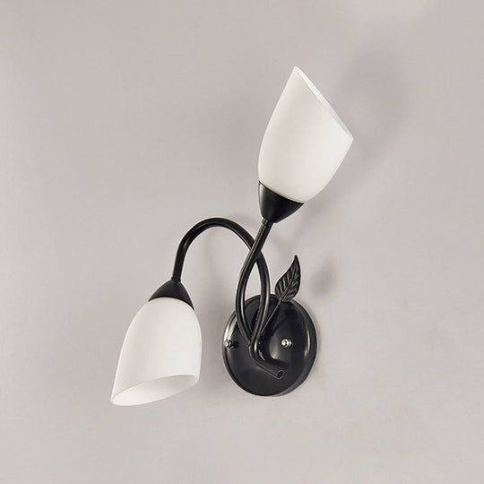 Rustic Tulip Wall Sconce Light With 2 Opal Frosted Glass Bulbs - Black/Gold Bedroom Lamp