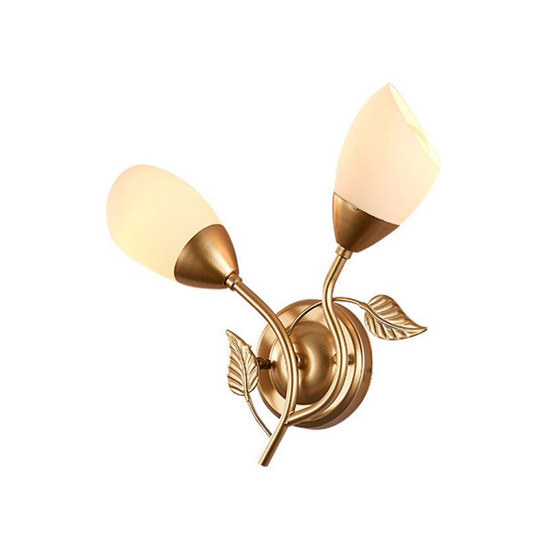 Rustic Tulip Wall Sconce Light With 2 Opal Frosted Glass Bulbs - Black/Gold Bedroom Lamp