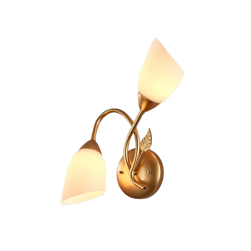 Rustic Tulip Wall Sconce Light With 2 Opal Frosted Glass Bulbs - Black/Gold Bedroom Lamp