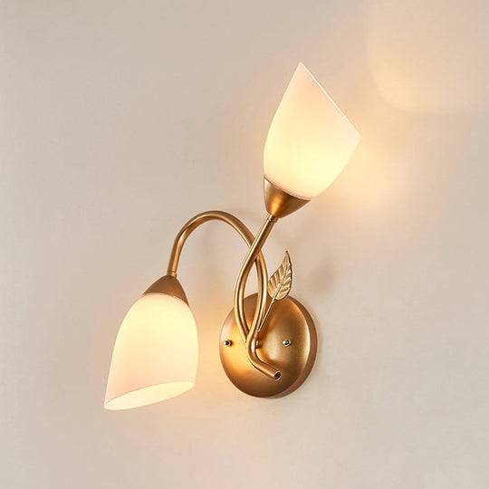 Rustic Tulip Wall Sconce Light With 2 Opal Frosted Glass Bulbs - Black/Gold Bedroom Lamp