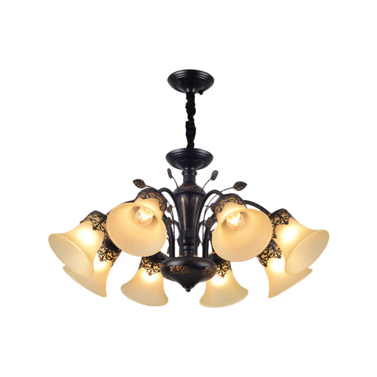 Frosted Glass Morning Glory Chandelier - Farmhouse Ceiling Pendant (3/6/8 Lights) In Black/White