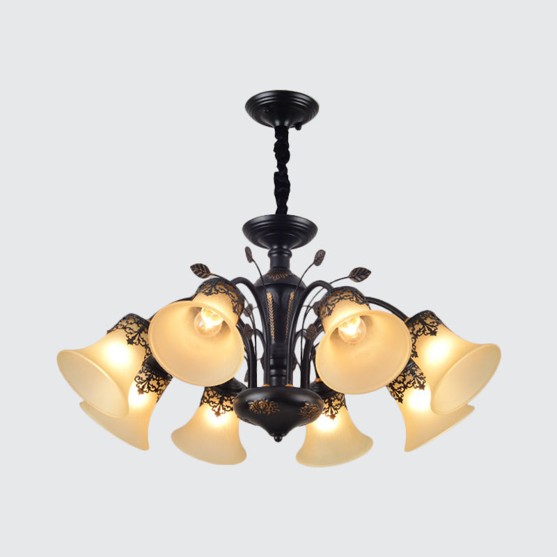Frosted Glass Morning Glory Chandelier - Farmhouse Ceiling Pendant (3/6/8 Lights) In Black/White