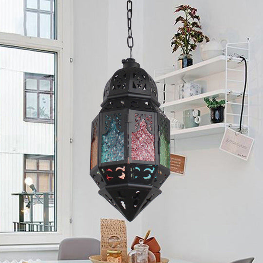 Moroccan Censer Stained Glass Ceiling Lantern - Down Lighting Pendant 1-Light Black