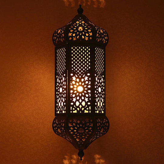 Turkish Iron Hollow-Out Wall Light With Antiqued Brass Finish - 1 Bulb Living Room Lantern Sconce