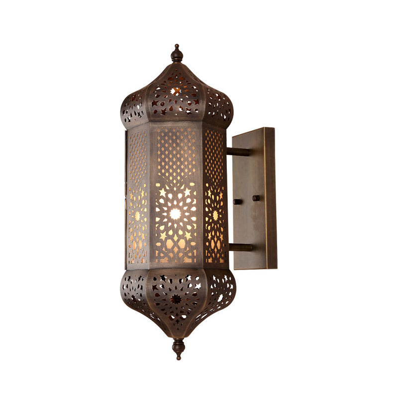 Turkish Iron Hollow-Out Wall Light With Antiqued Brass Finish - 1 Bulb Living Room Lantern Sconce