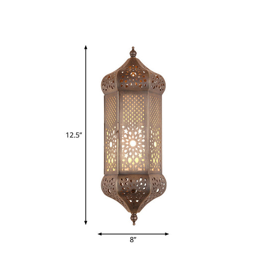 Turkish Iron Hollow-Out Wall Light With Antiqued Brass Finish - 1 Bulb Living Room Lantern Sconce
