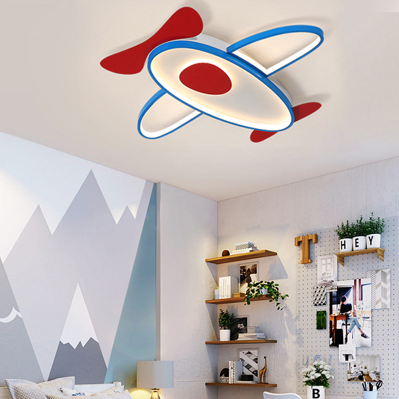 Cartoon Propeller Plane Led Ceiling Light For Kids’ Bedroom In Red & Blue