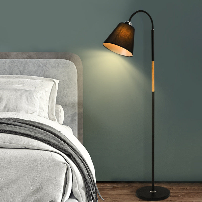 Nordic Single Floor Lamp - Black/White & Wood Gooseneck Standing Light With Cone Shade