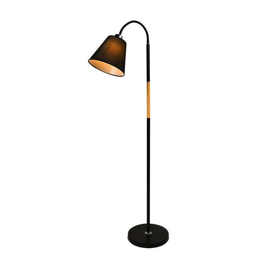 Nordic Single Floor Lamp - Black/White & Wood Gooseneck Standing Light With Cone Shade