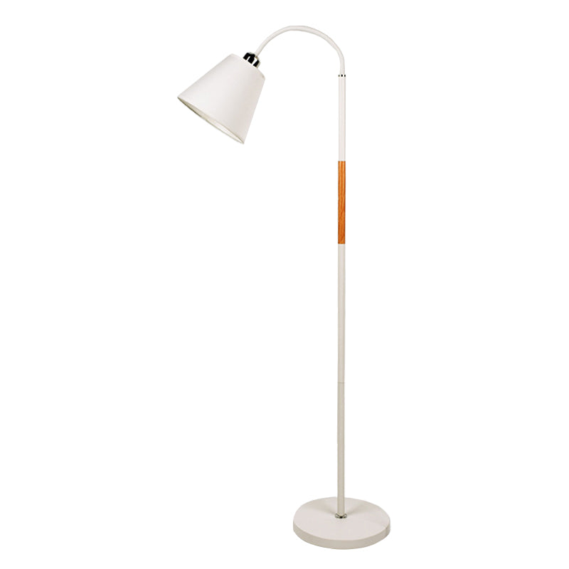 Nordic Single Floor Lamp - Black/White & Wood Gooseneck Standing Light With Cone Shade