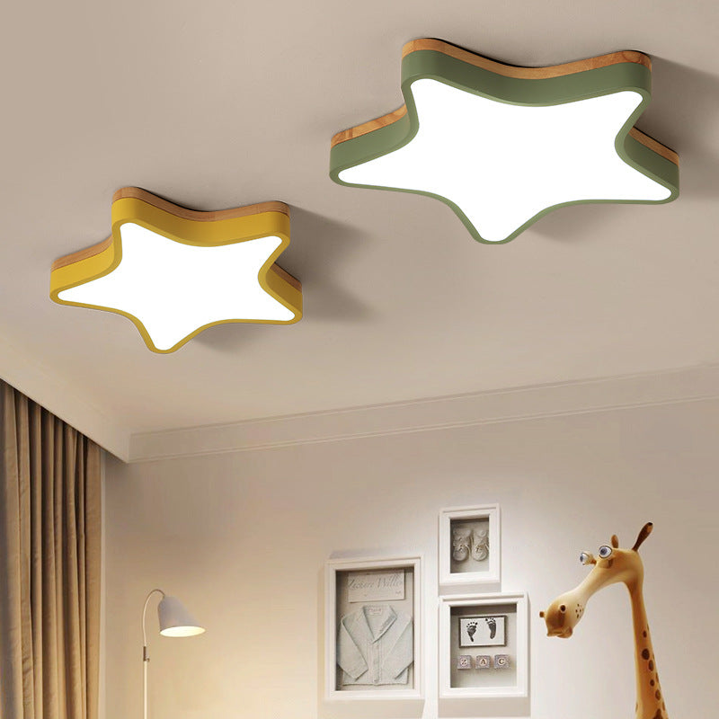 Wood Star Flush Cartoon Led Ceiling Light For Kindergarten Room
