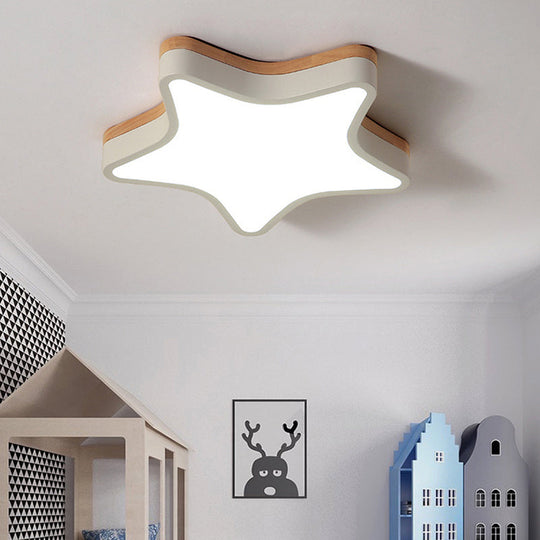 Nordic Nursing Room Star Flush Ceiling Lamp With Acrylic & Wood Panels: Slim Stylish Fixture White