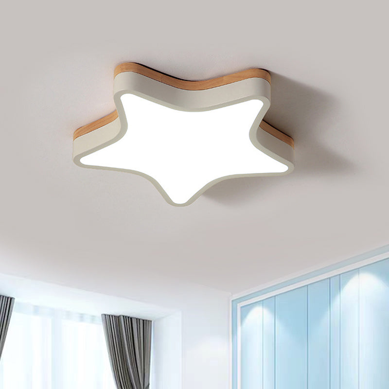 Nordic Nursing Room Star Flush Ceiling Lamp With Acrylic & Wood Panels: Slim Stylish Fixture White /