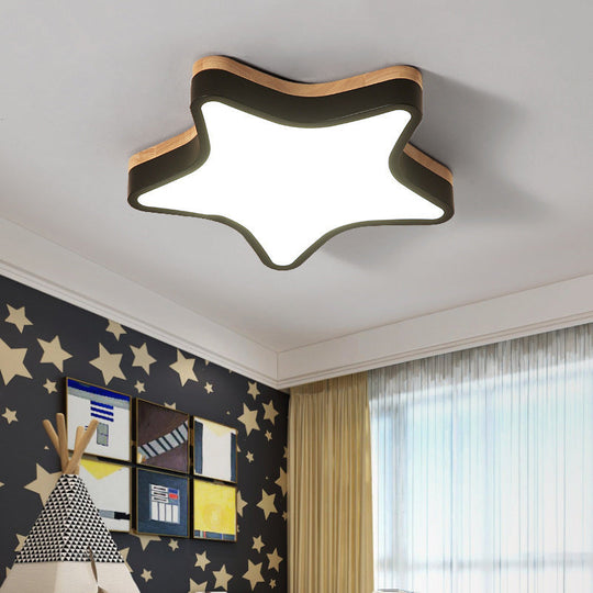 Nordic Nursing Room Star Flush Ceiling Lamp With Acrylic & Wood Panels: Slim Stylish Fixture Black /