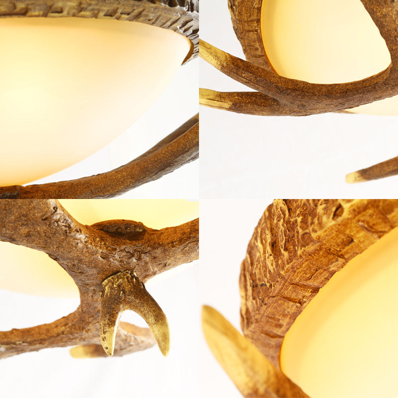 Elk Antler 3-Light Wood Brown Flush Mount Ceiling Fixture With Domed Glass Shade - Traditional