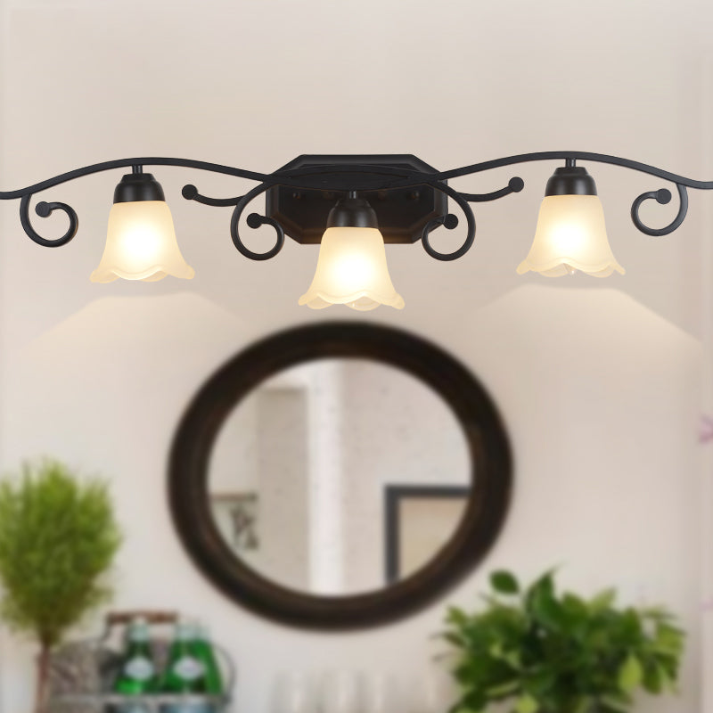 Floral White Glass Shade Vanity Lighting - Countryside Bathroom Wall Mounted Lamp 2/3 Heads Black 3