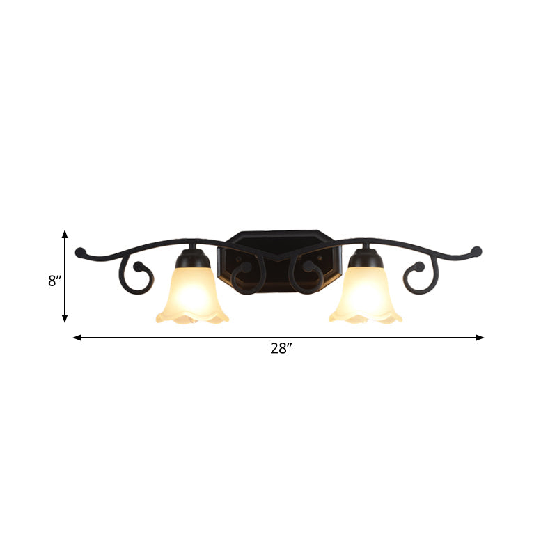 Floral White Glass Shade Vanity Lighting - Countryside Bathroom Wall Mounted Lamp 2/3 Heads Black
